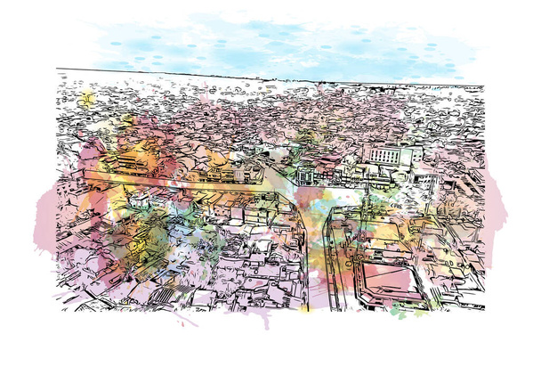  Stavební pohled s orientačním bodem Bengkulu je město v Indonésii. Akvarelové stříknutí s ručně kresleným náčrtem ilustrace ve vektoru.  - Vektor, obrázek