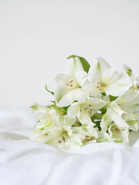 明るい背景のテーブルの上に白いアルストレミアの花花束。正面図。コピースペース - 写真・画像