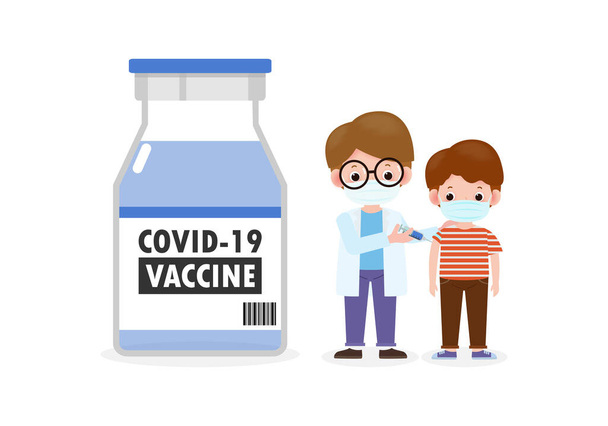 Covid-19またはコロナウイルスワクチン、小児科医保持注射器で子供の予防接種、医師は注射ワクチン接種の子供の予防と予防、病気を防ぐために医療マスクを身に着けている子供を保持 - ベクター画像
