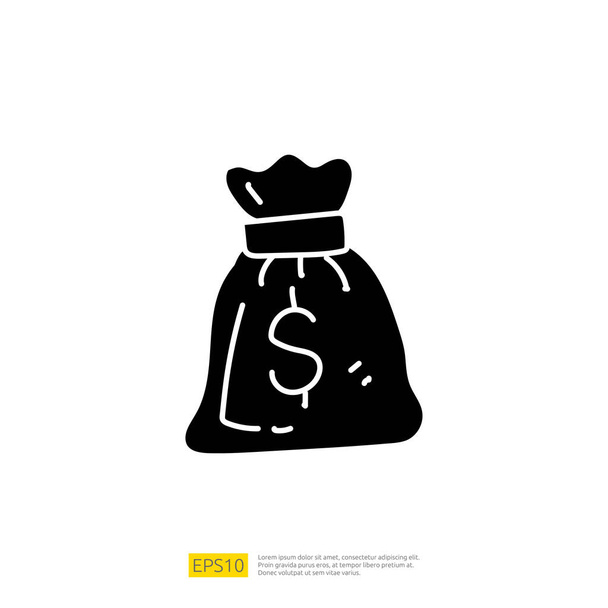 sack money bag with dollar sign symbol with doodle hand drawn style. sketch concept for business and finance icon vector illustration - Vektör, Görsel