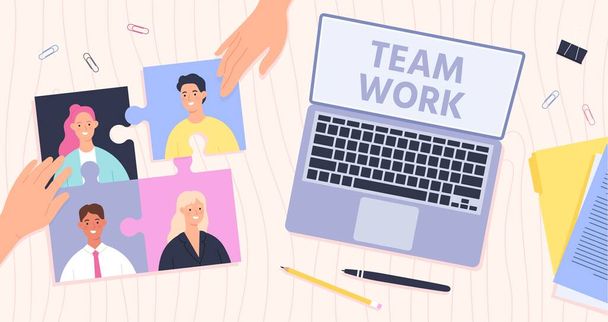 Team work management. Leader connect employees for effective teamwork. Office desk top view, hands and puzzle with workers, vector concept - Vecteur, image