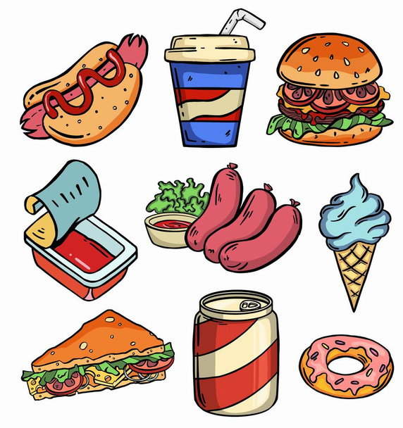 Juego de iconos de comida rápida. Comidas, comidas insalubres, comida chatarra. Concepto de comida. Para temas como entrega, comida, café. Ilustración vectorial - Vector, imagen