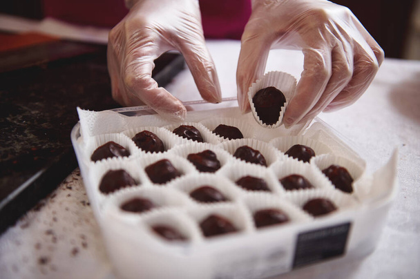 Κοντινό πλάνο των σοκολατένιων χεριών σε λευκά διαφανή γάντια που συσκευάζουν τρούφες σοκολάτας σε κουτί. Παγκόσμια Ημέρα Σοκολάτας - Φωτογραφία, εικόνα