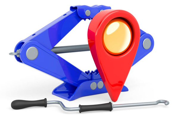 Map pointer with screwjack, car service location concept. 3D rendering isolated on white background  - Zdjęcie, obraz