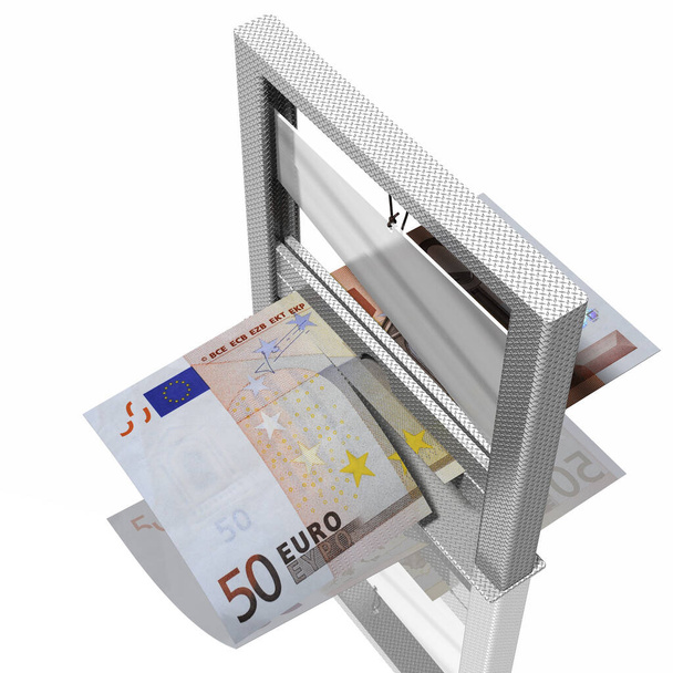 Close up, on white background cut out of banknote and Guillotine. Symbol of sales, discounts, savings on purchases. 3D illustration. - Fotoğraf, Görsel