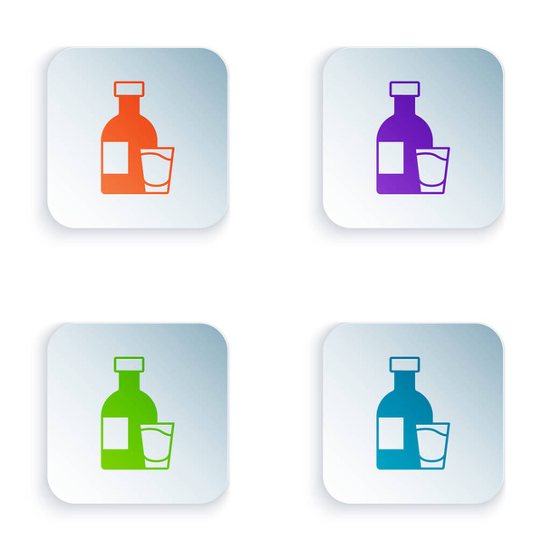 Кольорова пляшка горілки зі скляною іконою ізольована на білому тлі. Встановіть барвисті піктограми у квадратні кнопки. Векторні
. - Вектор, зображення