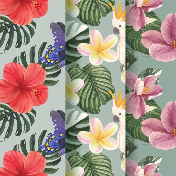 熱帯植物のコンセプトとシームレスなパターン、水彩スタイル - ベクター画像
