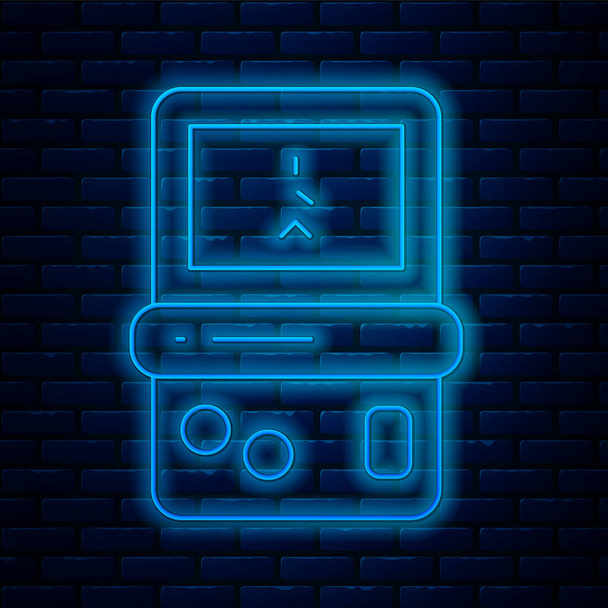 Linea neon incandescente icona portatile tetris gioco elettronico isolato su sfondo muro di mattoni. Stile vintage tascabile gioco di mattoni. Dispositivo di riproduzione interattivo. Vettore. - Vettoriali, immagini