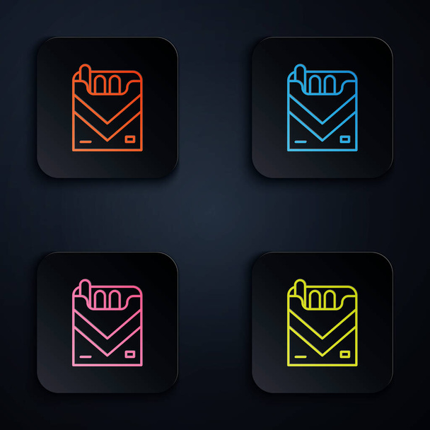 Color neon line Cigarettes pack box icon isolated on black background. Cigarettes pack. Set icons in square buttons. Vector. - Vector, Image