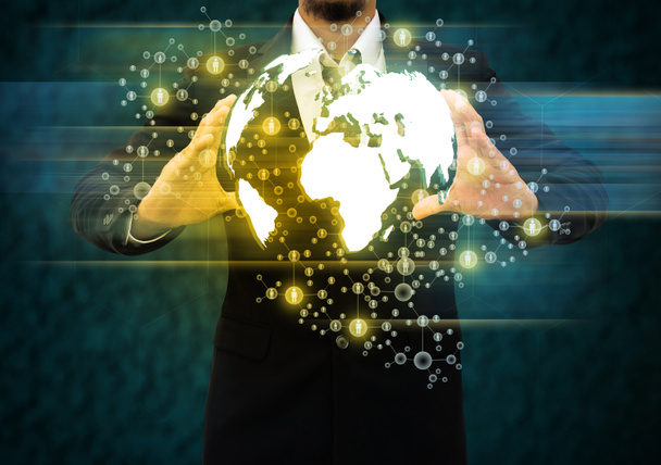 zakenman en wereld technologie - Foto, afbeelding