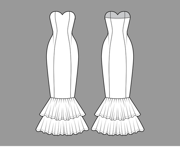 Vestido sereia técnica moda ilustração com decote querida sem alças, assoalho maxi comprimento saia circular - Vetor, Imagem