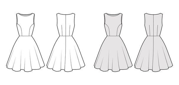 Sukienka okrągły techniczny moda ilustracja z rękawem, ponadgabarytowy dopasowany korpus, spódnica długość kolana. Odzież płaska - Wektor, obraz