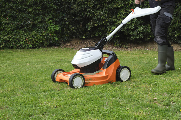 Bahçıvan çim biçme makinesiyle çimleri biçiyor. - Fotoğraf, Görsel