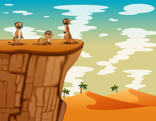 Desert landscape with three of meerkats on top of the cliff - Vector, Image