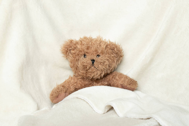 brown baby teddy bear on a white soft blanket, baby toy - Fotó, kép