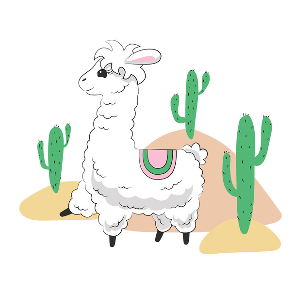  Cute fluffy llama in horsecloth surrounded by hills and cacti. Hand drawn white kawaii alpaca. Childish character design. Nursery decoration. Stock vector illustration isolated on white background - ベクター画像