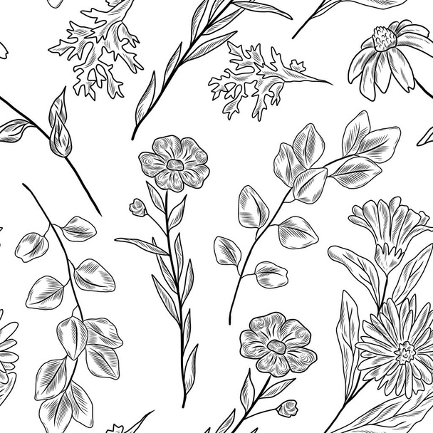 Hand drawn seamless pattern with plants and flowers - Vektor, obrázek