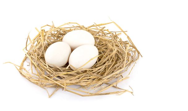 duck eggs in the hay nest on white background - Zdjęcie, obraz