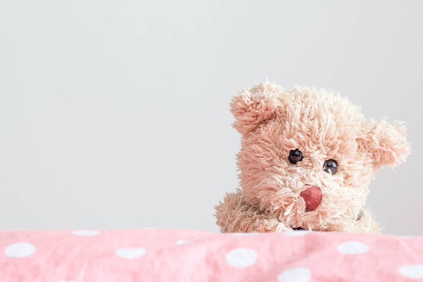 Teddy bear on polka dot fabric, in the pastel style - Photo, Image
