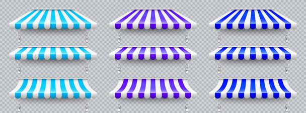 Shop sunshade with metal mount. Realistic blue, violet striped cafe awning. Outdoor market tent. Roof canopy. Summer street store. Vector illustration. - Vector, Image