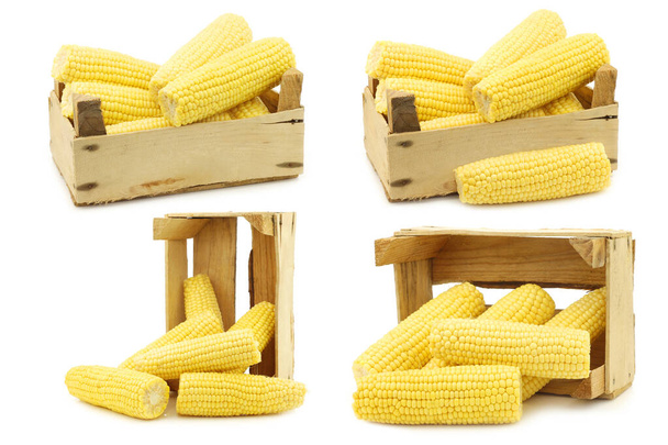 maíz en la mazorca en una caja de madera sobre un fondo blanco - Foto, imagen