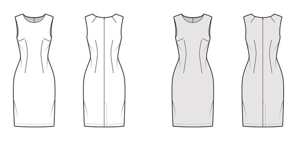 Šaty pochvy technické módní ilustrace s rukávem, montované tělo, po kolena tužka sukně. Ploché oblečení vpředu - Vektor, obrázek