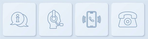 Ustaw linię informacji, Telefon 24 godzin wsparcia, Człowiek z słuchawkami i. Biały, kwadratowy przycisk. Wektor - Wektor, obraz