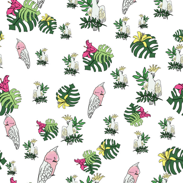 Векторно-белый фон тропических птиц, попугаев, экзотические растения сыра, монстры, цветы гибискуса. Бесшовный фон - Вектор,изображение