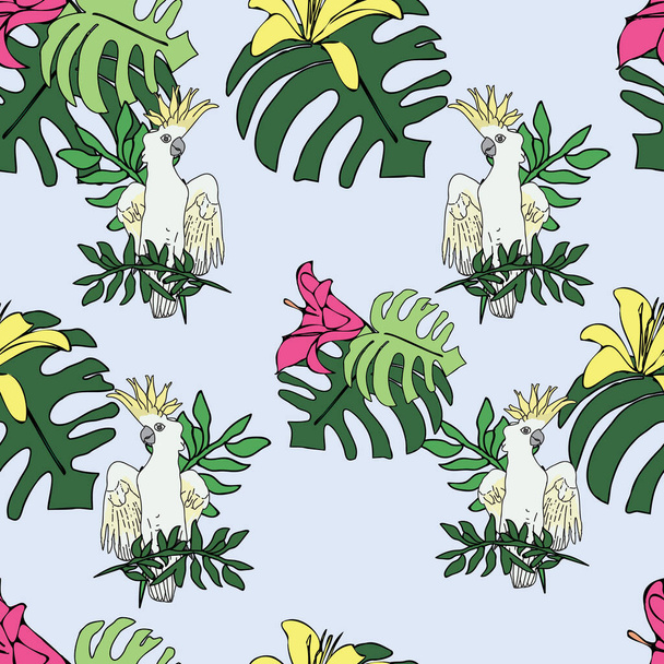 Vector pastellblauen Hintergrund tropische Vögel, Papageien, exotische Käsepflanze, Monstera, Hibiskusblüten. Nahtloser Musterhintergrund - Vektor, Bild