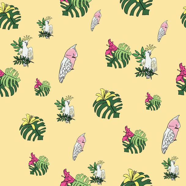 Vector pastel yellow background tropical birds, parrots, exotic cheese plant, monstera, hibiscus flowers. Seamless pattern background - Vektör, Görsel