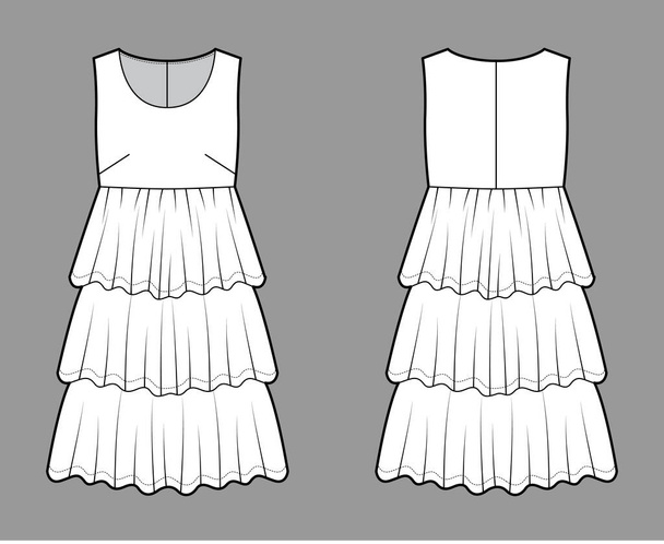 Vestido babydoll ilustración técnica de moda con sin mangas, cuerpo de gran tamaño, longitud de la rodilla volante falda estratificada ropa - Vector, imagen