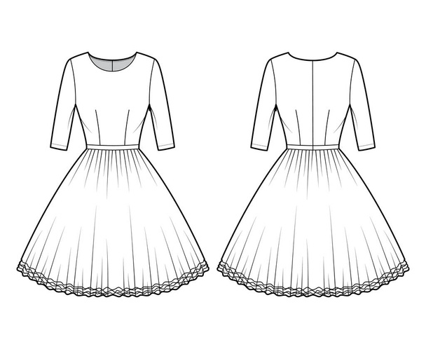 Ilustracja moda techniczna sukienka tutu z rękawami łokciowymi, dopasowany korpus, długość kolana okrągła spódnica. Balet płaski - Wektor, obraz