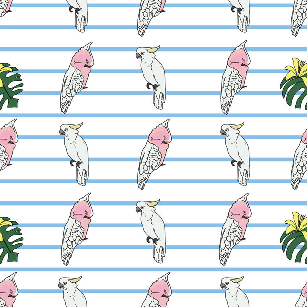 Vector white background tropical birds, parrots, exotic cheese plant, monstera, hibiscus flowers. Seamless pattern background - Vector, afbeelding