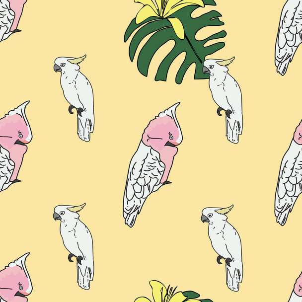 Vector pastel yellow background tropical birds, parrots, exotic cheese plant, monstera, hibiscus flowers. Seamless pattern background - Διάνυσμα, εικόνα