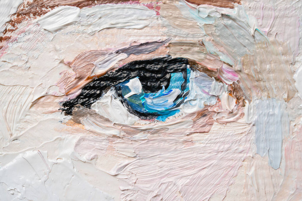 Macro. Textured art. Fragment of oil painting. Eye. Portrait of a girl. - Photo, Image
