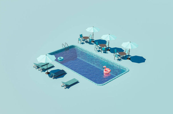 illustrazione isometrica di una piscina d'albergo con ombrelloni e amache intorno. concetto estivo. rendering 3d - Foto, immagini