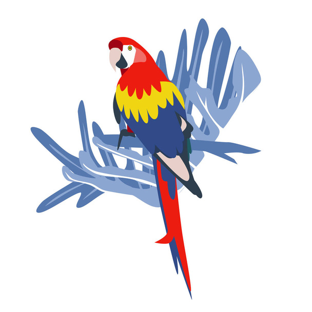 Tropické ručně kreslené barevné ara papouška s listovým pozadím. Papoušek Macaw. Vektorové ilustrace izolované na bílém pozadí. - Vektor, obrázek