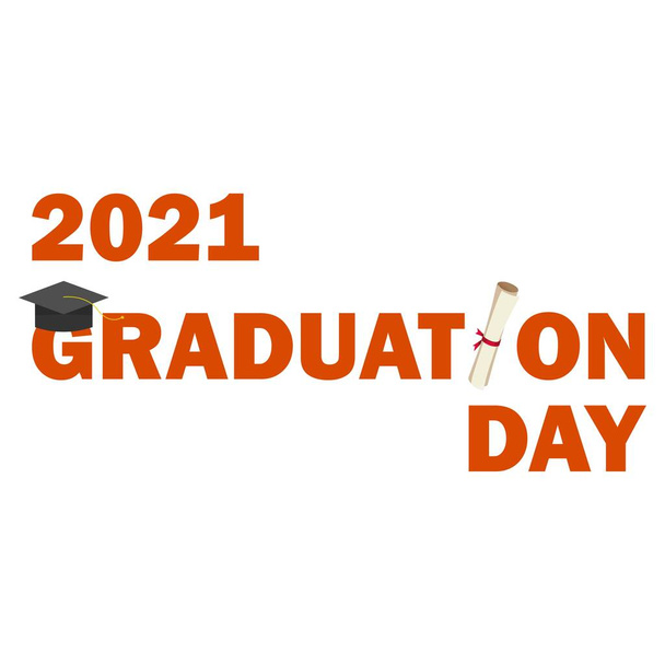 Ημέρα αποφοίτησης για το 2021 φοιτητές πορτοκαλί κείμενο αποτέλεσμα με καπέλο αποφοίτησης και υποτροφία, υποτροφία, αποφοίτηση, πανεπιστήμιο, φοιτητές, πορτοκαλί, 2021, ημέρα αποφοίτησης. - Διάνυσμα, εικόνα