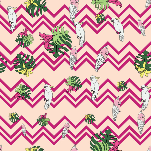 Vector pastel pink, peach background tropical birds, parrots, exotic cheese plant, monstera, hibiscus flowers. Seamless pattern background - Vector, Image