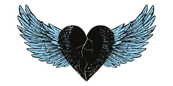 Vector design for t-shirt of a  black heart with wings isolated on white. Illustration of a broken heart flying. - Vektor, kép