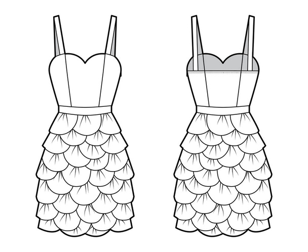 Vestido pétala chemise ilustração de moda técnica com tiras finas, sem mangas, corpo equipado, saia de comprimento do joelho. Plano - Vetor, Imagem