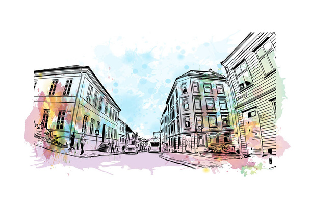 Vytisknout Pohled na budovu s orientačním bodem Bergenu je město v Norsku. Akvarelové stříknutí s ručně kresleným náčrtem ilustrace ve vektoru. - Vektor, obrázek