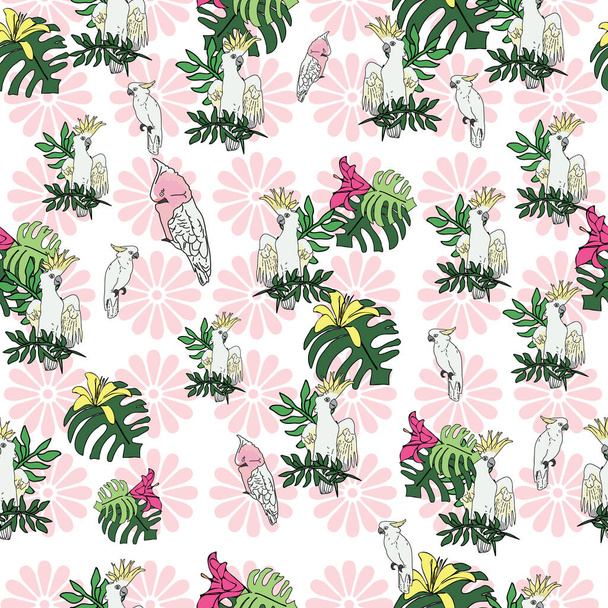 Vector white background tropical birds, parrots, exotic cheese plant, monstera, hibiscus flowers. Seamless pattern background - Vector, Image