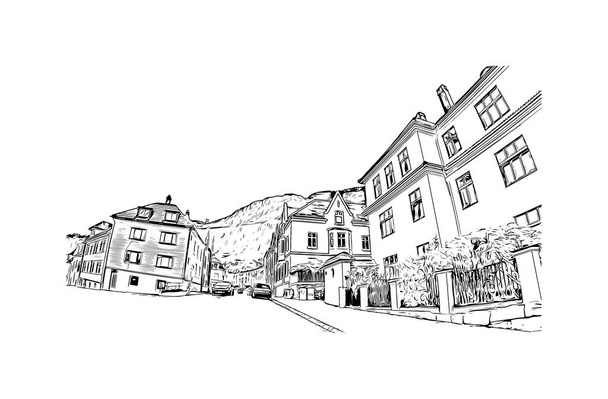Прінт-білдінг з орієнтиром Бергена - місто в Норвегії. Намальована вручну ілюстрація у векторі. - Вектор, зображення