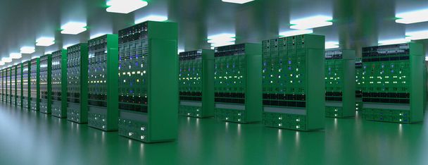 Сервер. Серверы комнаты обработки данных. Резервное копирование, майнинг, хостинг, мэйнфрейм, ферма и компьютерная стойка с информацией для хранения. 3D рендеринг - Фото, изображение