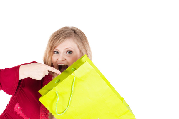 Mulher bonita com sacos de compras isolados onwhite
 - Foto, Imagem