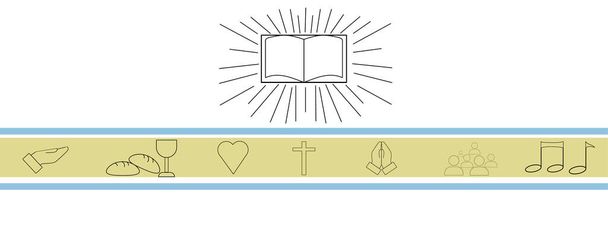 Cristianismo Banner Fondo Ilustración con la Biblia abierta en el centro y los iconos de la iglesia. espacio de copia. - Foto, imagen