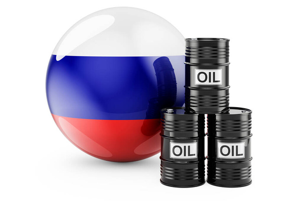 Нафтові бочки з російським прапором. Виробництво нафти або торгівля в Росії концепція, 3D рендеринг ізольований на білому тлі - Фото, зображення