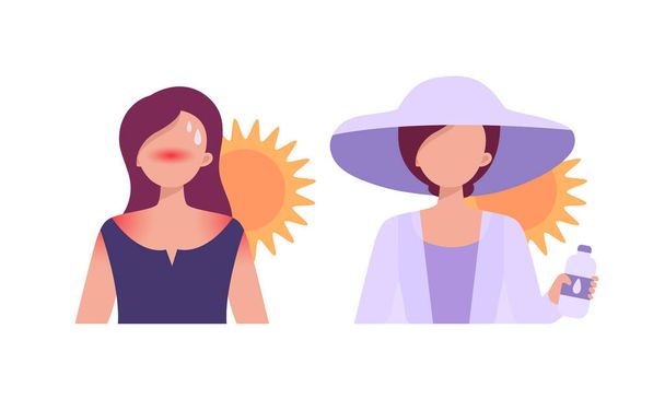 A girl with a sunburn and no headdress. A girl in a hat, in light clothes and with water in her hands. Flat vector illustration. - Vector, Image