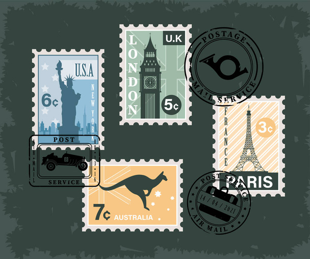 siete sellos postales - Vector, imagen